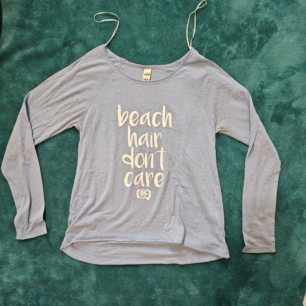 Relaxed Blue Long Sleeve Top with Beach Hair Print